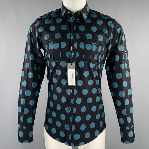 DOLCE & GABBANA Size 38 Black Blue Dots Cotton Epaulettes Long Sleeve Shirt